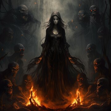 Scary halloween witch. A witch who casts fire magic in the dark and terrifying forest.