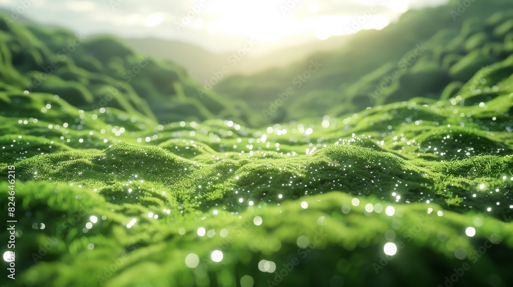 Poster 3D render of a green grassy field on a bright, sunny day with soft lighting. Moss covered hills in the close up view with a depth of field and bokeh effect. Generative AI.