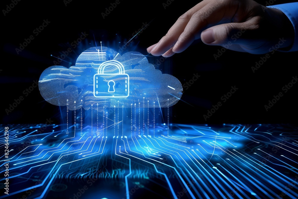 Poster interactive digital cloud network with glowing nodes