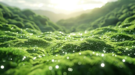 3D render of a green grassy field on a bright, sunny day with soft lighting. Moss covered hills in the close up view with a depth of field and bokeh effect. Generative AI. - Powered by Adobe