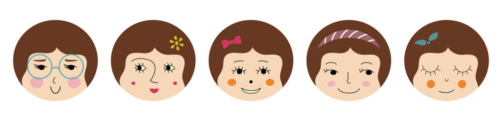 Avatar set, sweet girlish faces. Expression of emotions, diverse stickers, feminine countenance. Editable vector illustration.
