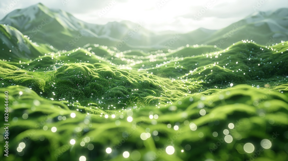Poster 3D render of a green grassy field on a bright, sunny day with soft lighting. Moss covered hills in the close up view with a depth of field and bokeh effect. Generative AI.