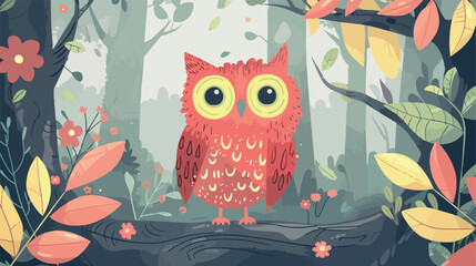 Owl with Leaves and Flowers at Forest Illustration Vector