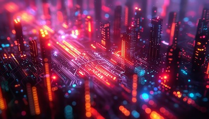 Neon cityscape with glowing lights and intricate circuitry.
