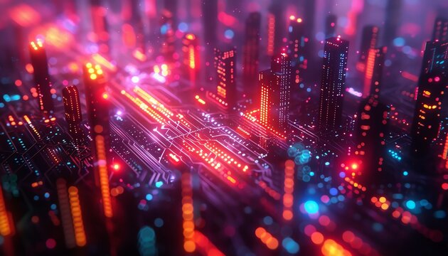 Neon cityscape with glowing lights and intricate circuitry.