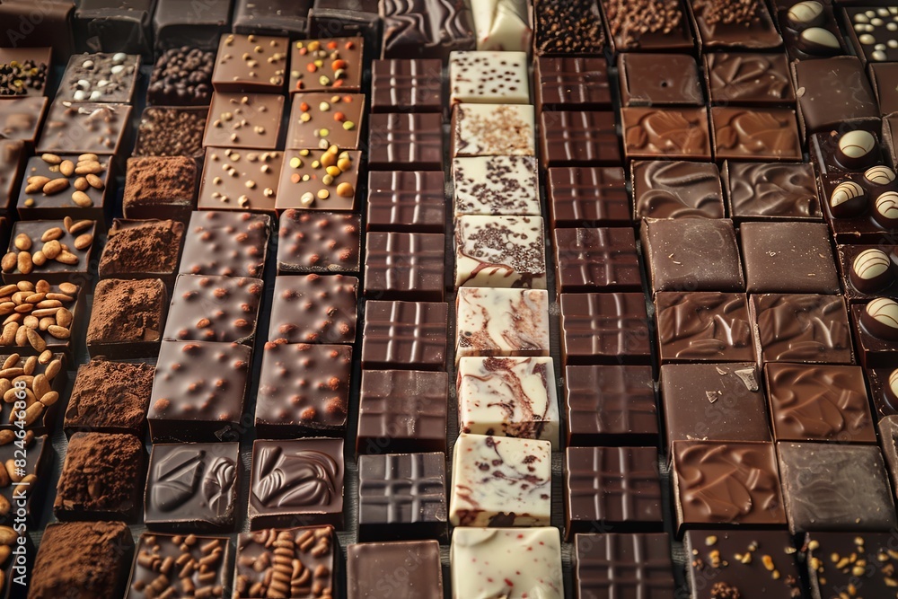 Aufkleber Various types of chocolate bars displayed neatly on a table, showcasing a range of flavors and textures. Generative AI