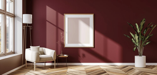 Panoramic mock up poster gallery with burgundy wall, minimalist design, and wide layout.