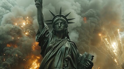 Fototapeta premium Illustration of the Statue of Liberty with an American flag and fireworks in the background. a symbol of America