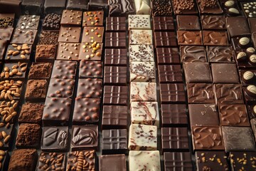 Various types of chocolate bars displayed neatly on a table, showcasing a range of flavors and textures. Generative AI