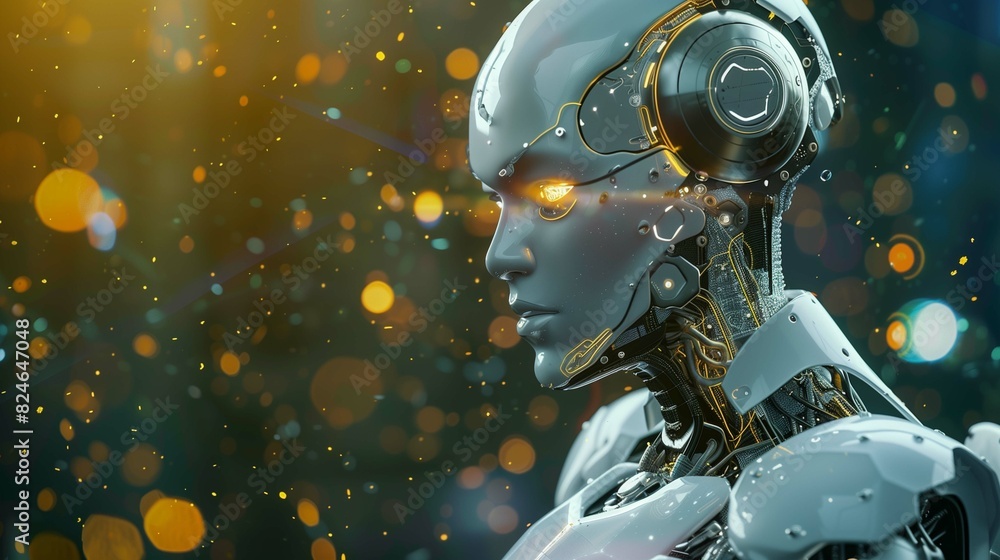 Poster futuristic portrait of robot with humanoid face image copy space. sparkling backdrop. robotic glowin