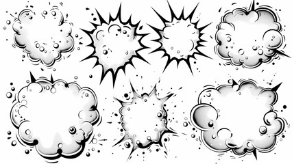 Cartoon doodle set of words with speech bubbles. Boom explode effect.