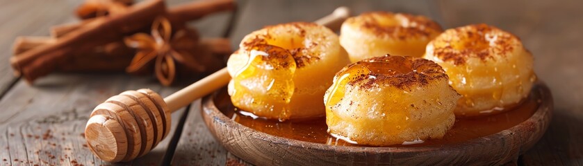 Delicious honey-drenched pastries on a wooden plate, garnished with cinnamon sticks. Perfect for a sweet breakfast or dessert.