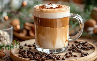 Delicious layered latte with frothy milk, topped with cocoa powder, served in a glass mug surrounded by coffee beans and greenery.