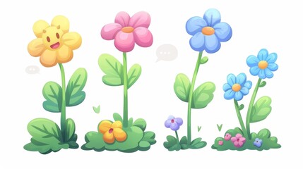Against white background, a modern illustration of simple cartoon flowers with speech bubbles and a happy face