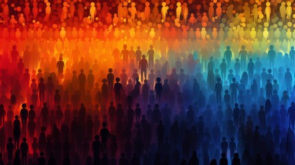 Diverse colorful people crowd silhouette abstract art seamless pattern. Multi-ethnic community, cultural diversity group background drawing illustration in color gradient style.