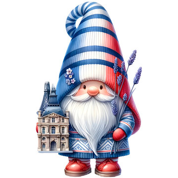 Watercolor cute chubby Gnome wearing frence flag color outfit. Gnome hat decorated with lavender flowers. Culture and travel gnome