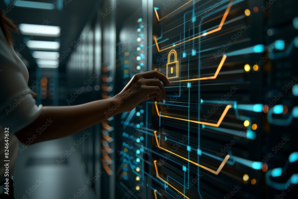 Poster hand touching digital cloud security lock on computer screen