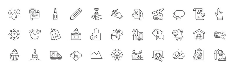 Talk bubble, Piggy bank and Time hourglass line icons. Pack of Report, Alarm clock, Search car icon. Time management, Potato chips, Cloud download pictogram. Internet, Truck transport. Vector