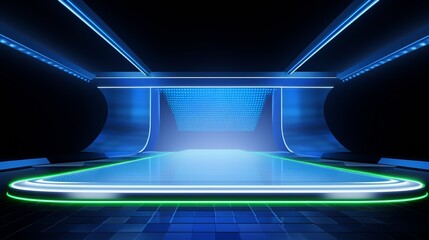 Futuristic glowing blue background with neon lights and sci-fi design, ideal for digital, virtual, and technology concepts.