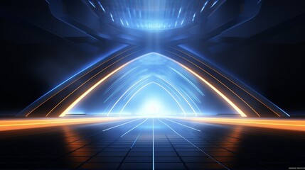 Futuristic glowing sci-fi tunnel with bright blue lights and symmetrical geometric structures, perfect for tech, digital, and sci-fi themes.