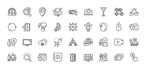 Notification calendar, Search and Medical vaccination line icons pack. AI, Question and Answer, Map pin icons. Video camera, Card, Teamwork web icon. Vector