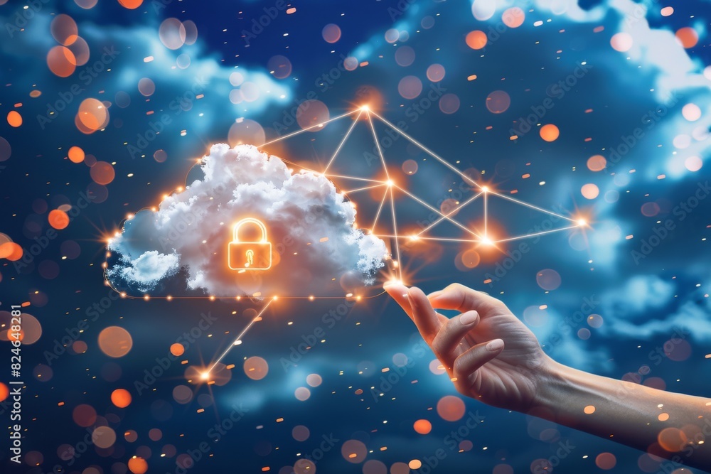 Poster interactive digital cloud security lock in abstract interface