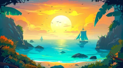 Hand-painted cartoon depicting the sea scenery under the sunset. Cartoons. Illustrations.
