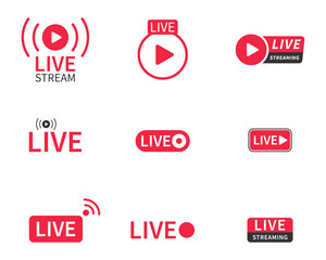 Live and live streaming icons collection in red and white color in various styles. Live streaming set red icons. Play button icon vector. Live streaming icon set. Live broadcasting buttons and symbols