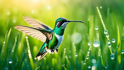 photorealistic image shot of a colorful hummingbird flying in a field of dew-covered wildflowers, Generative AI