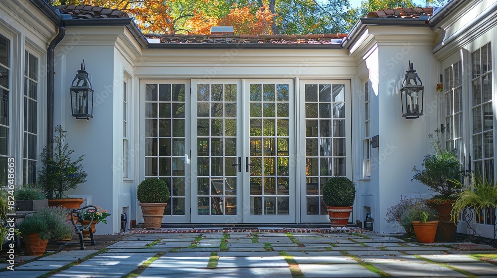 Poster a close up of the back patio of a gorgeous house with a single set of white doors on the patio in th