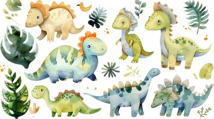 Cartoon watercolor dinosaurs. Handdrawn illustration. Suitable for children's textiles and printing.