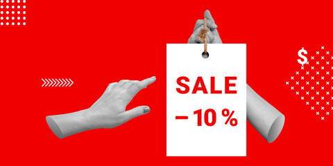 Sale, 10 per cent discount concept. Hand points in direction of hand with SALE -10 percentage sign....
