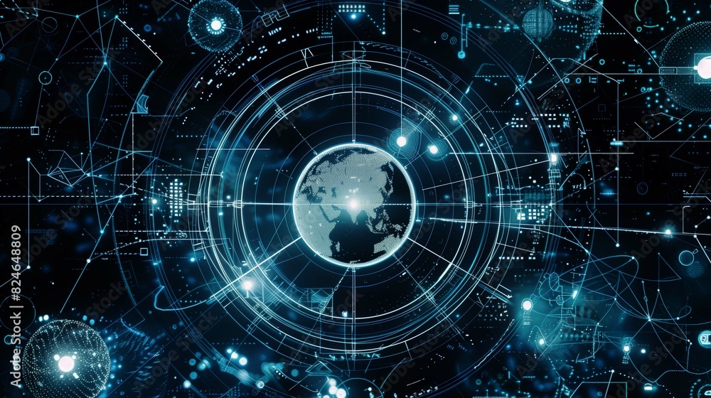 Poster digital intricate network of lines and circles illustration. glowing depiction of earth wallpaper sc