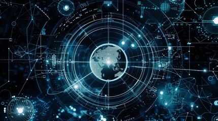Fototapeta premium Digital intricate network of lines and circles illustration. Glowing depiction of Earth wallpaper scene artwork. Connectivity and data flow background image digital art concept