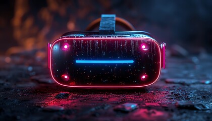 Futuristic VR headset with neon lights and water droplets.