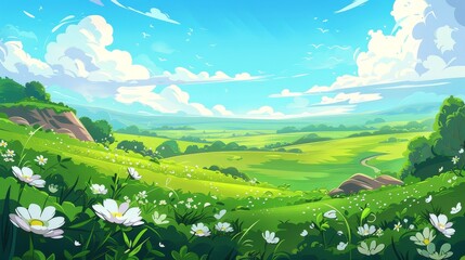 Field or meadow with green grass and flowers. Sky and clouds in the distance. Farm and countryside scenery. Modern illustration.