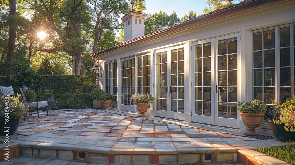 Poster a close up of the back patio of a gorgeous house with a single set of white doors on the patio in th