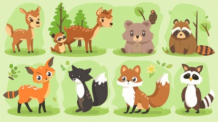 A modern illustration featuring cute woodland animals such as a deer, rabbit, hedgehog, bear, fox, raccoon, bird, owl, and squirrel.