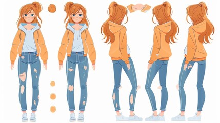 An animation kit of a stylish young woman. Complete set of body parts, trendy clothes, hairstyles, and facial expressions. Female cartoon character. Front, side, and back views. Modern illustration.