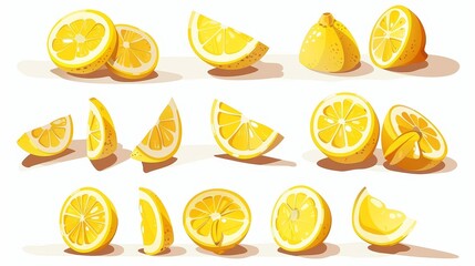Isolated cartoon modern illustration set of citrus slices, half slices and chopped lemons