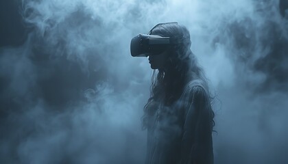 Woman wearing VR headset in foggy environment, exploring virtual reality.