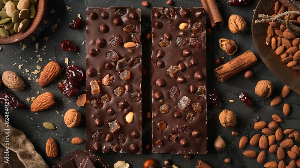 Aufkleber A bar of chocolate is surrounded by a variety of nuts and dried fruits, creating a visually appealing and appetizing display. Generative AI