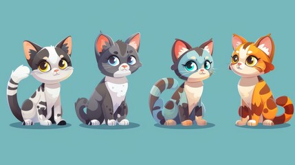Various colored cartoon kitties or cats standing, sitting, and walking.