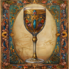 Art Nouveau Masterpiece: An Intricately Designed Ornate Wine Goblet with Rich Colors and Floral Motifs, Showcasing Luxurious Vintage Craftsmanship and Elegance