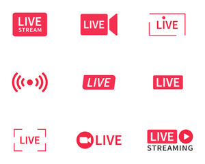 Live and live streaming icon set in red and white color in different styles. Live streaming set red icons. Play button icon vector. Live streaming icon set. Live broadcasting buttons and symbols.