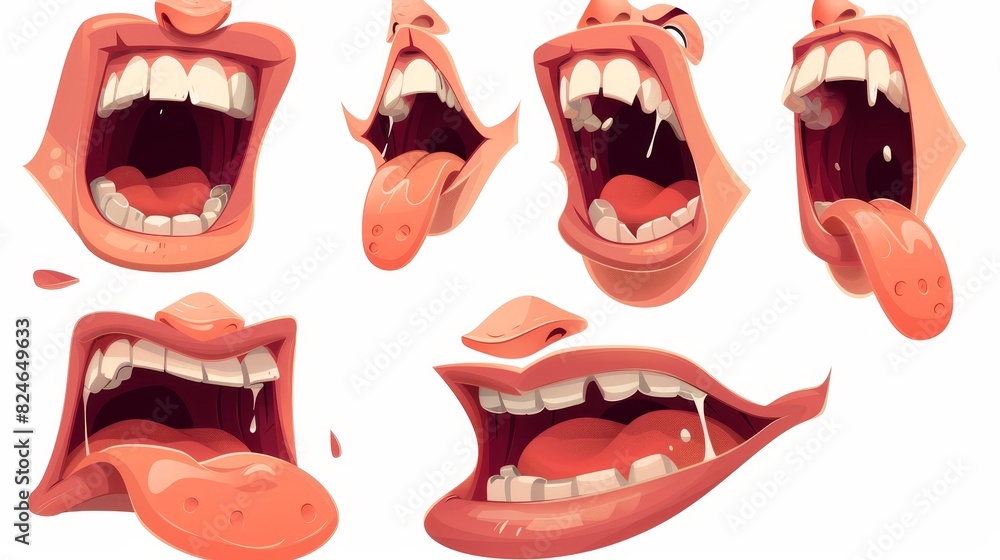 Poster an animated mouth with lips for cartoon characters and english pronunciation. a synchronized set of 
