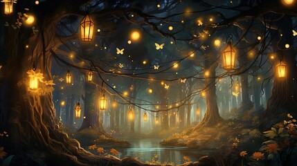 Fairy tale forest. A magical forest scene with lantern lights and animals that glow beautifully. Beautiful majestic nature background.