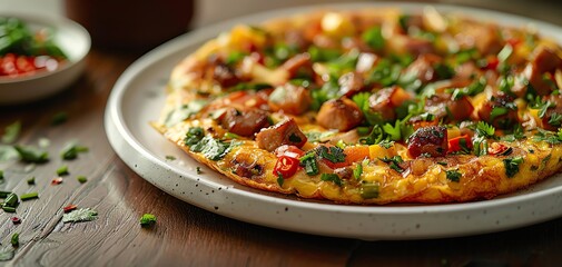 Delicious homemade pizza topped with fresh herbs and vegetables on a rustic wooden table setting, perfect for food photography.