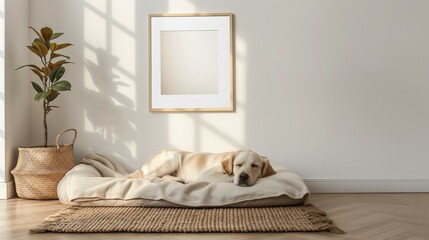 Frame mockup, cozy home room interior with golden retriever sleeping, poster wall frame