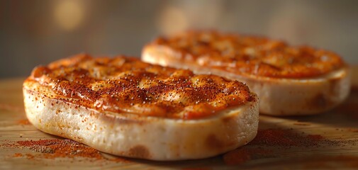 Close-up view of two delicious, freshly baked mini pizzas on a wooden surface, topped with cheese and a sprinkle of seasoning.